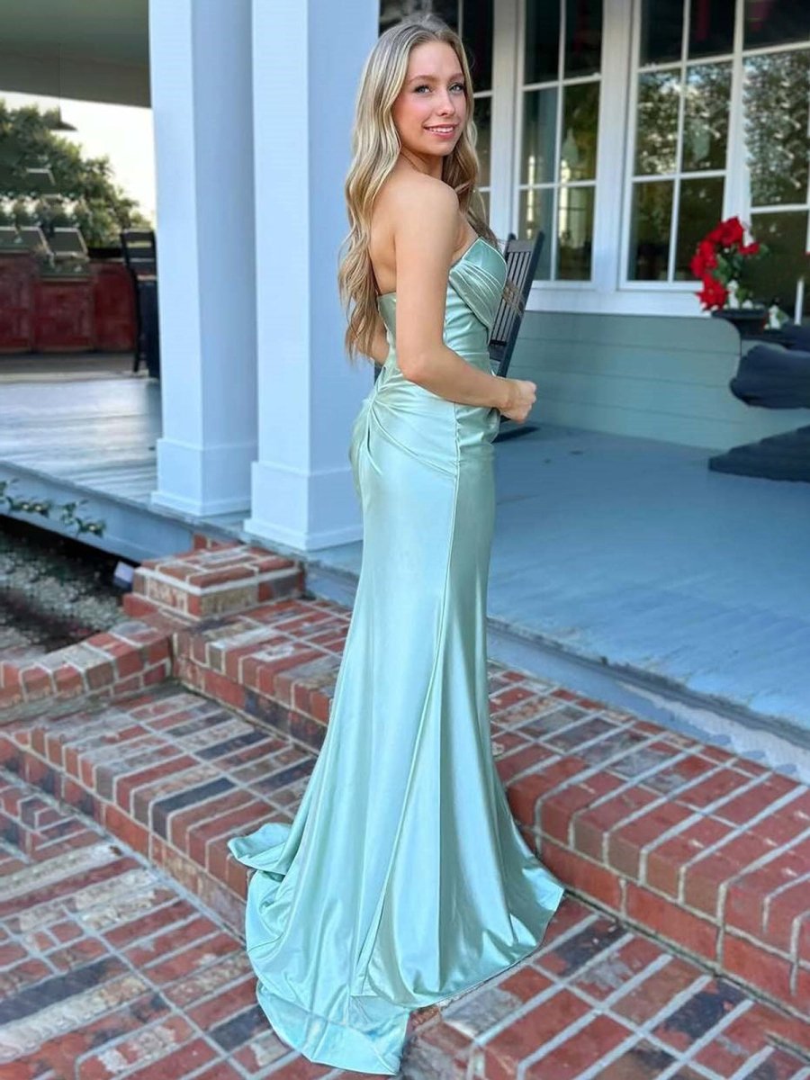 Strapless Sage Green Pleated Mermaid Long Dress with Slit