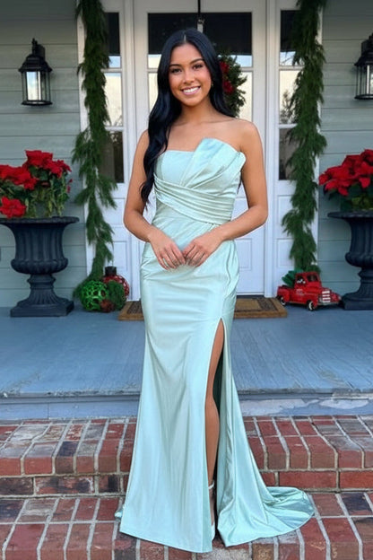 Strapless Sage Green Pleated Mermaid Long Dress with Slit