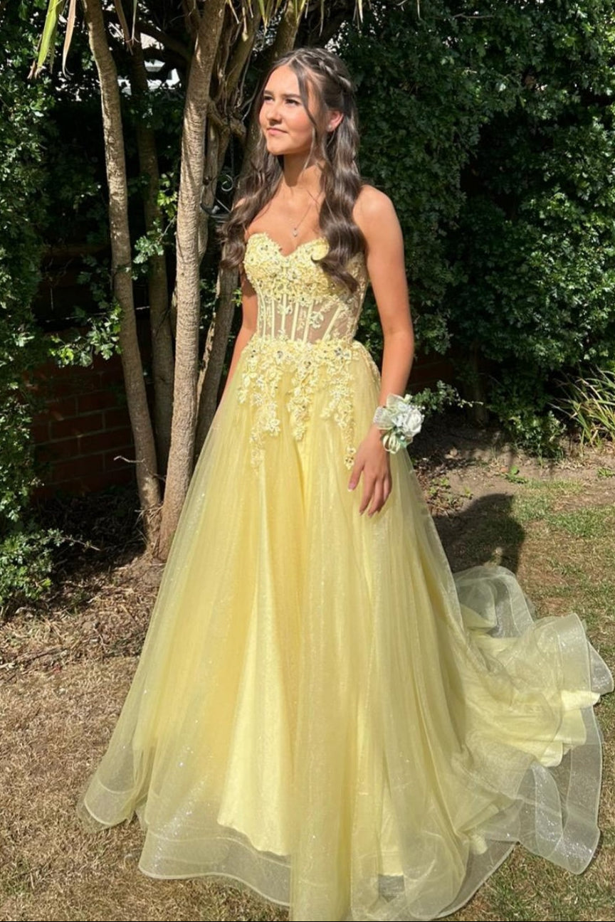 Strapless Yellow Appliques Sparkle A-line Long Dress