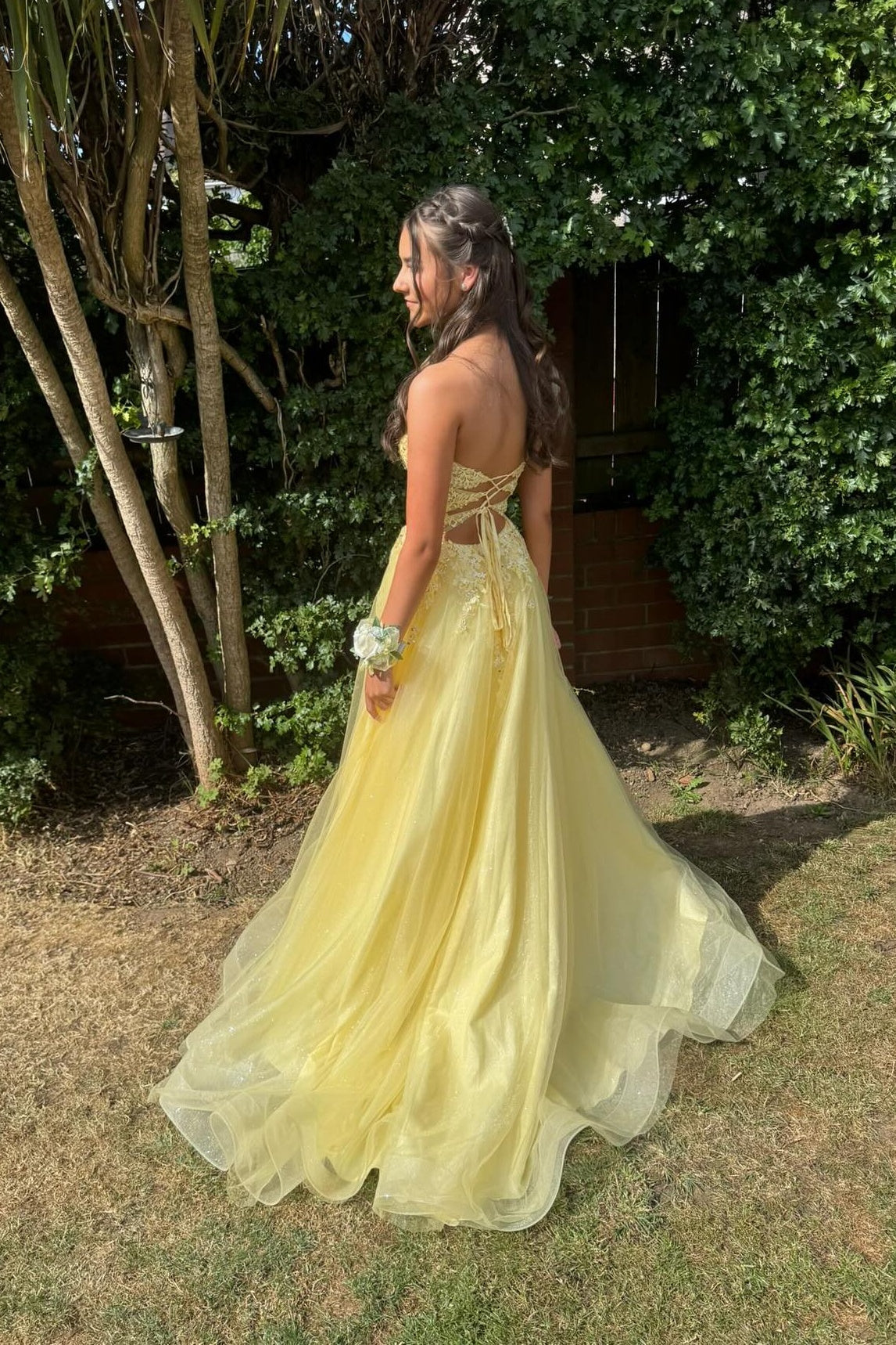 Strapless Yellow Appliques Sparkle A-line Long Dress