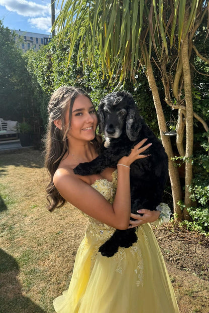 Strapless Yellow Appliques Sparkle A-line Long Dress