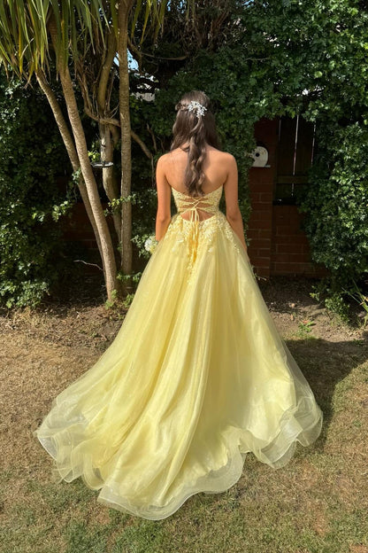 Strapless Yellow Appliques Sparkle A-line Long Dress