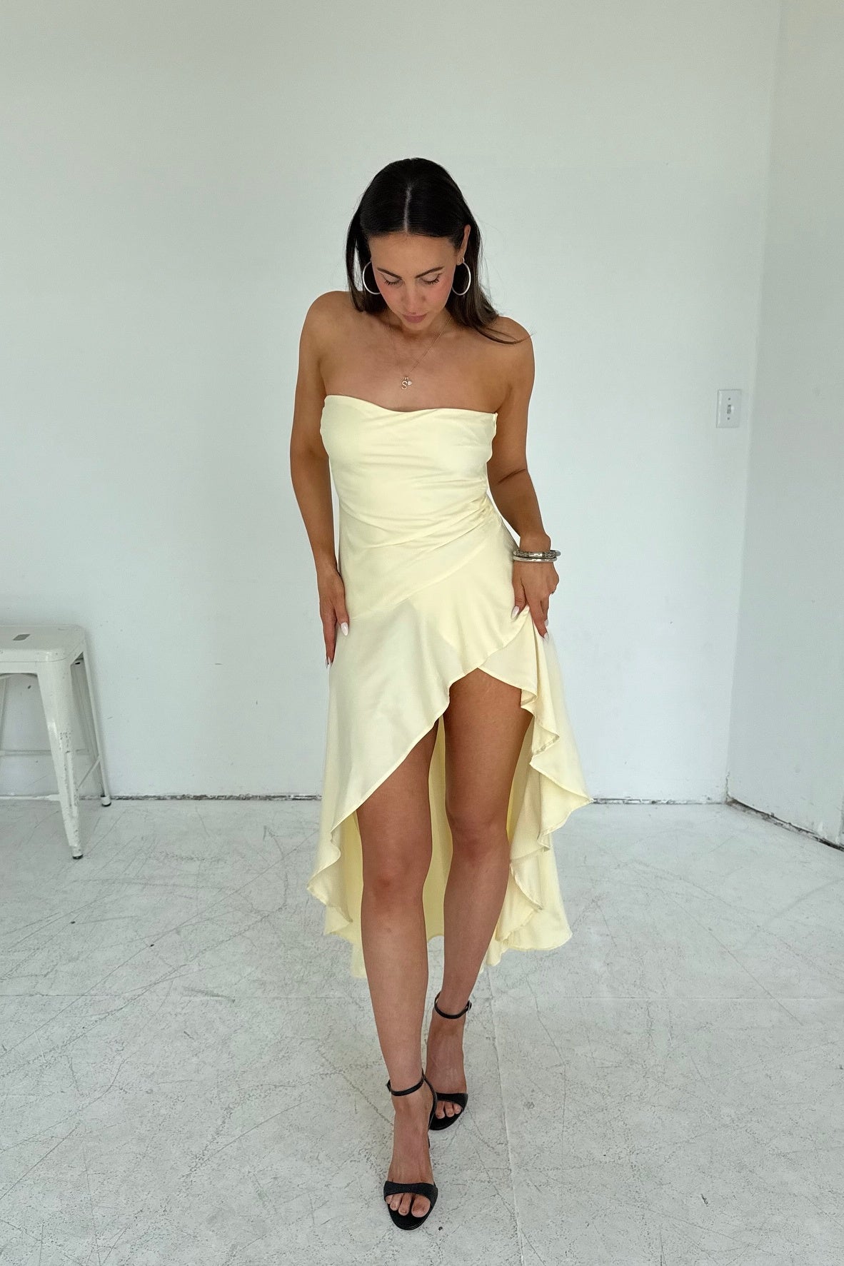 Strapless Yellow Asymmetrical Hem Maxi Dress