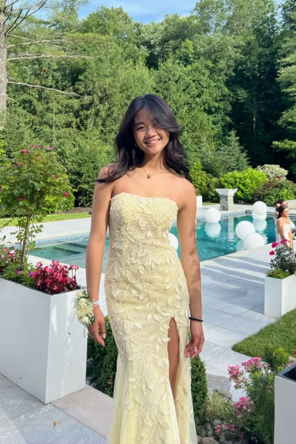 Strapless Yellow Lace Appliques Mermaid Long Dress