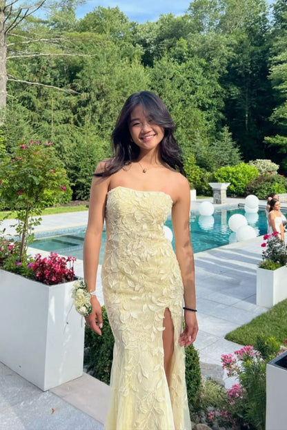 Strapless Yellow Lace Appliques Mermaid Long Dress