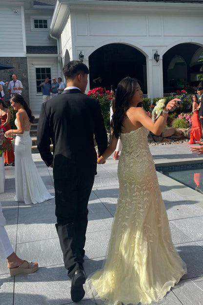 Strapless Yellow Lace Appliques Mermaid Long Dress