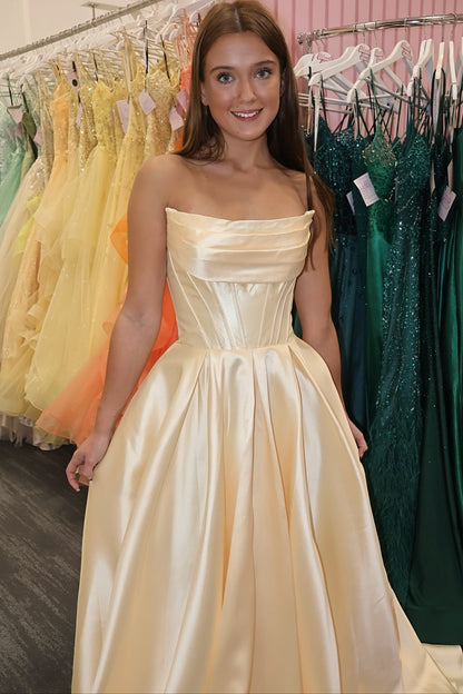 Strapless Yellow Pleated A-line Long Dress with Slit