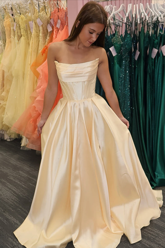 Strapless Yellow Pleated A-line Long Dress with Slit