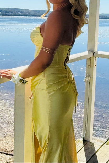 Strapless Yellow Pleated Mermaid Long Dress with Slit