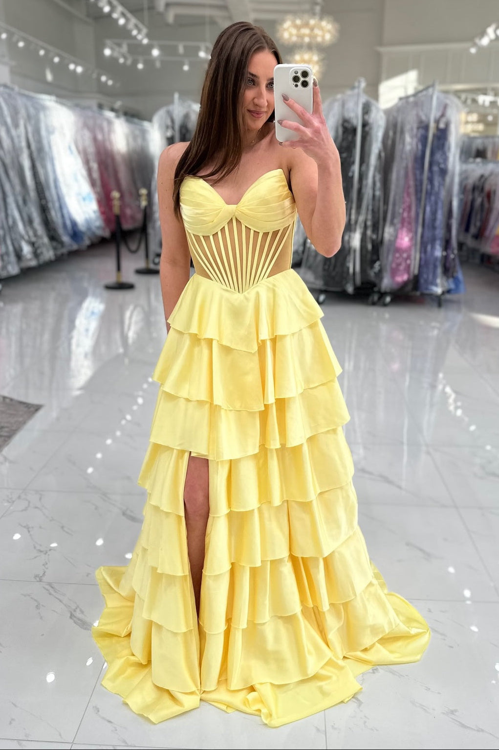 Strapless Yellow Pleated Tiered Long Dress with Slit