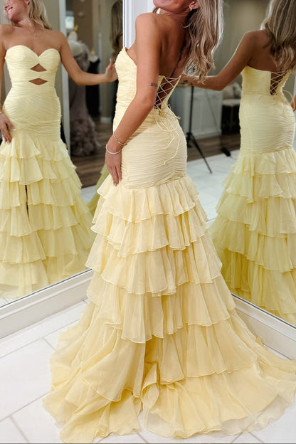 Strapless Yellow Pleated Tiered Long Dress with Slit