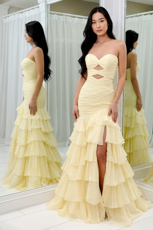 Strapless Yellow Pleated Tiered Long Dress with Slit