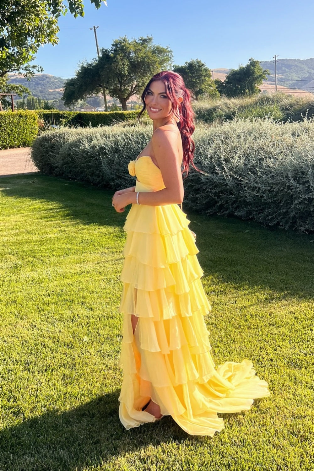 Strapless Yellow Tiered Long Dress with a Rosette