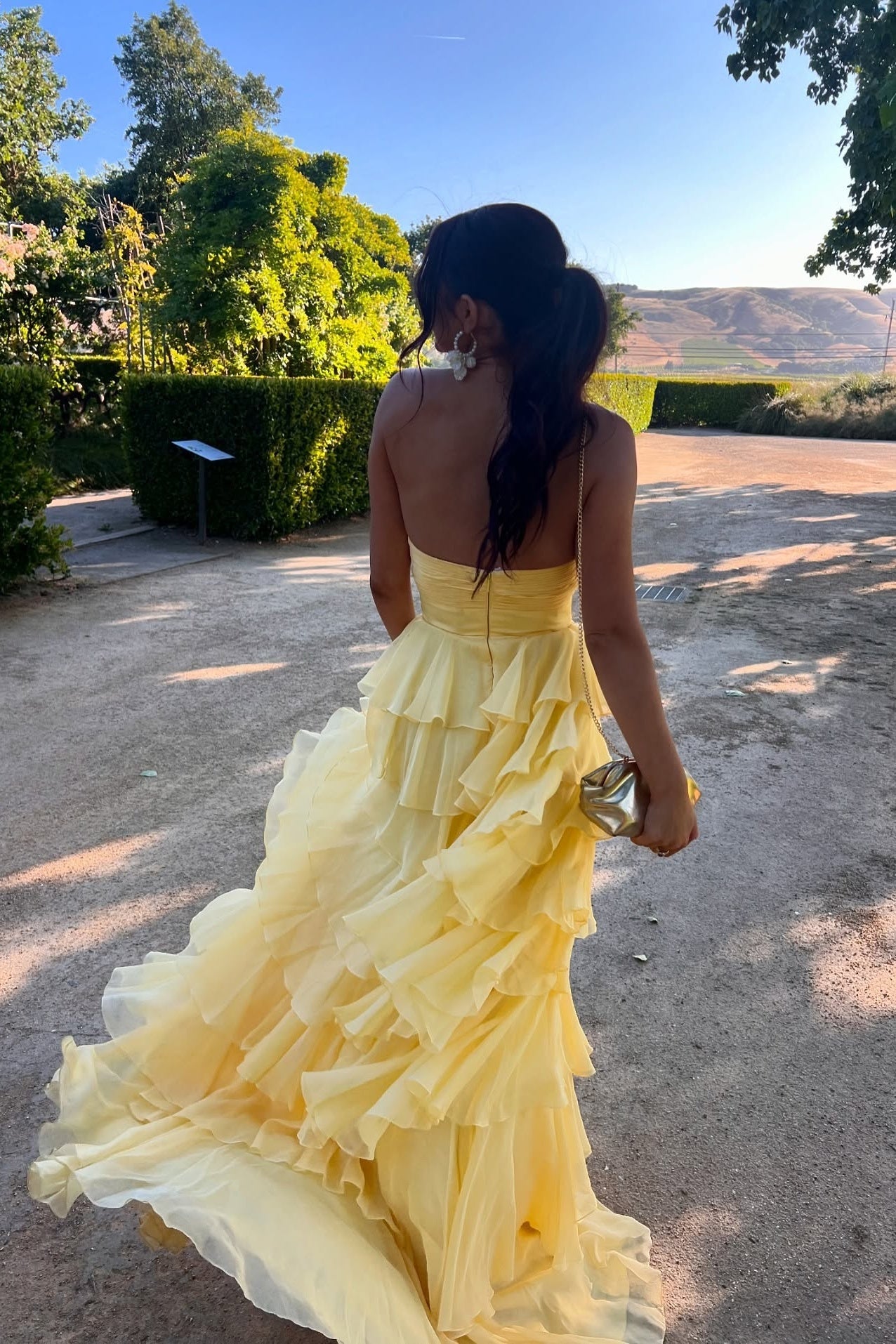 Strapless Yellow Tiered Long Dress with a Rosette