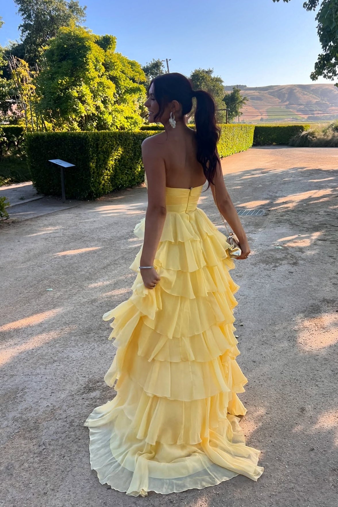 Strapless Yellow Tiered Long Dress with a Rosette