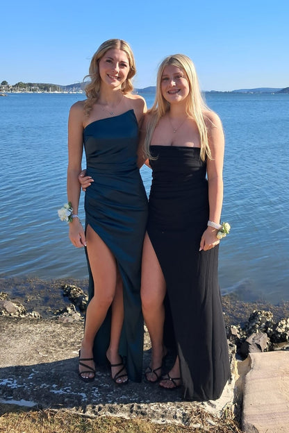 Strapless Blue Pleated Maxi Dress with Slit