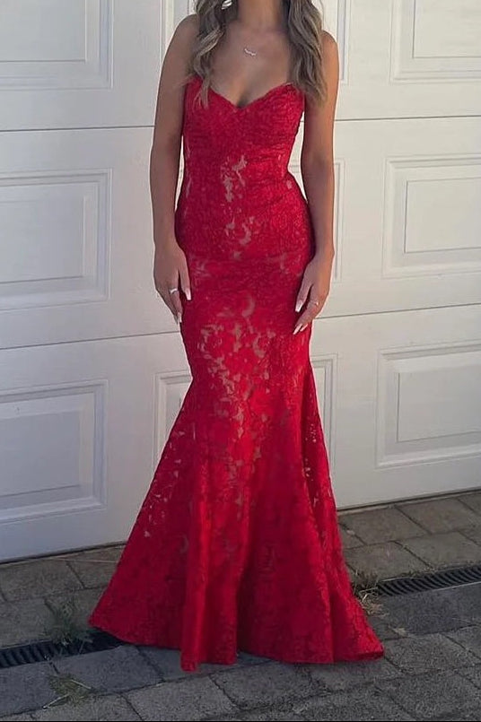Strapless Red Lace Appliques Mermaid Long Dress