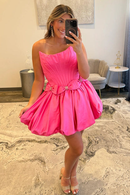 Strapless Satin Bubble Hem A-Line Homecoming Dress with Bow Accents