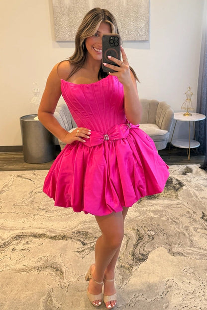 Strapless Satin Bubble Hem A-Line Homecoming Dress with Bow Accents