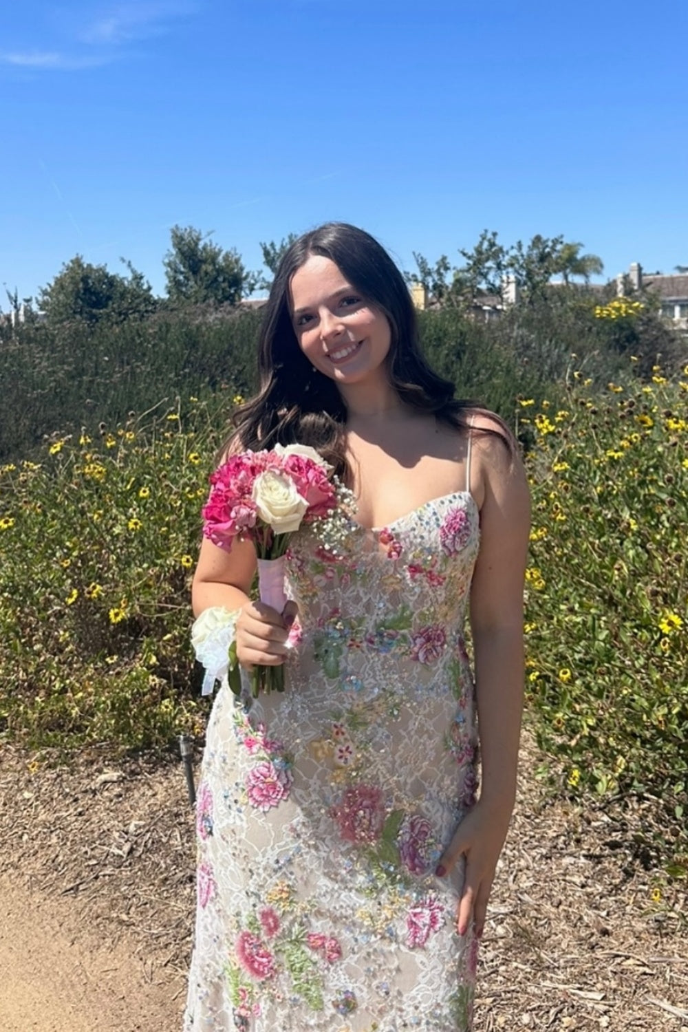 Sweetheart Straps Floral Embellishments Long Dress Gliier Prom Dress