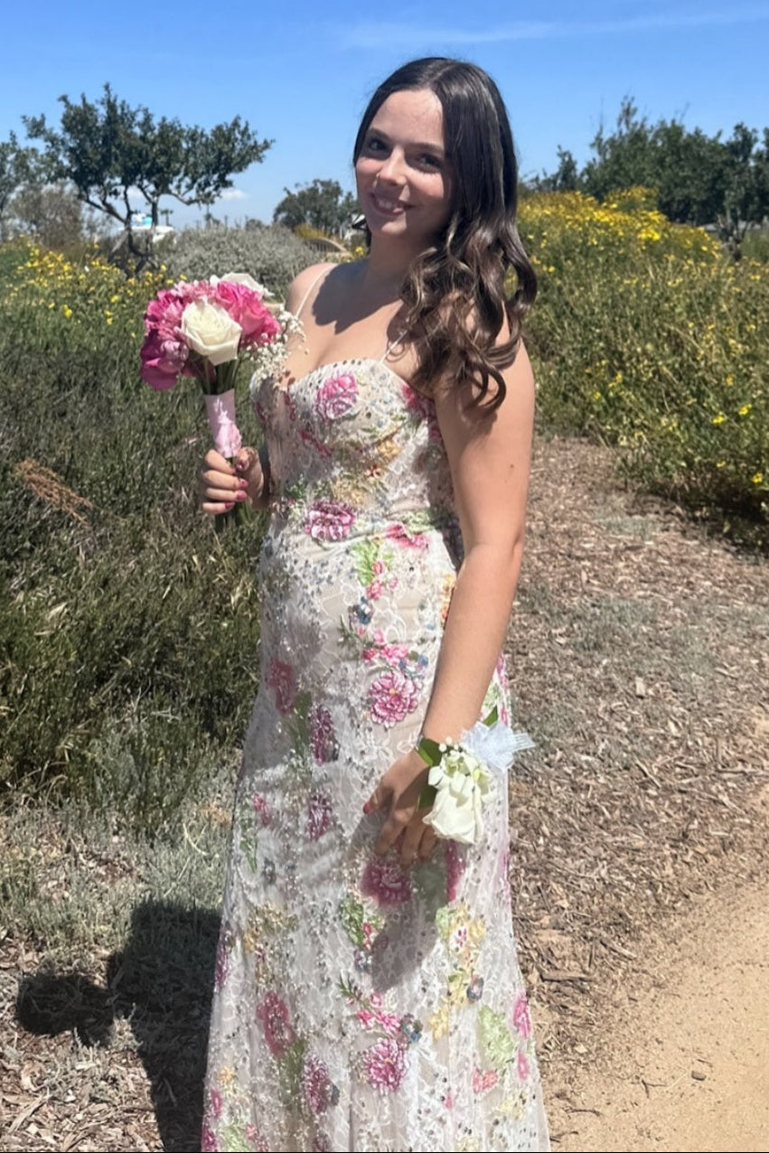 Sweetheart Straps Floral Embellishments Long Dress Gliier Prom Dress