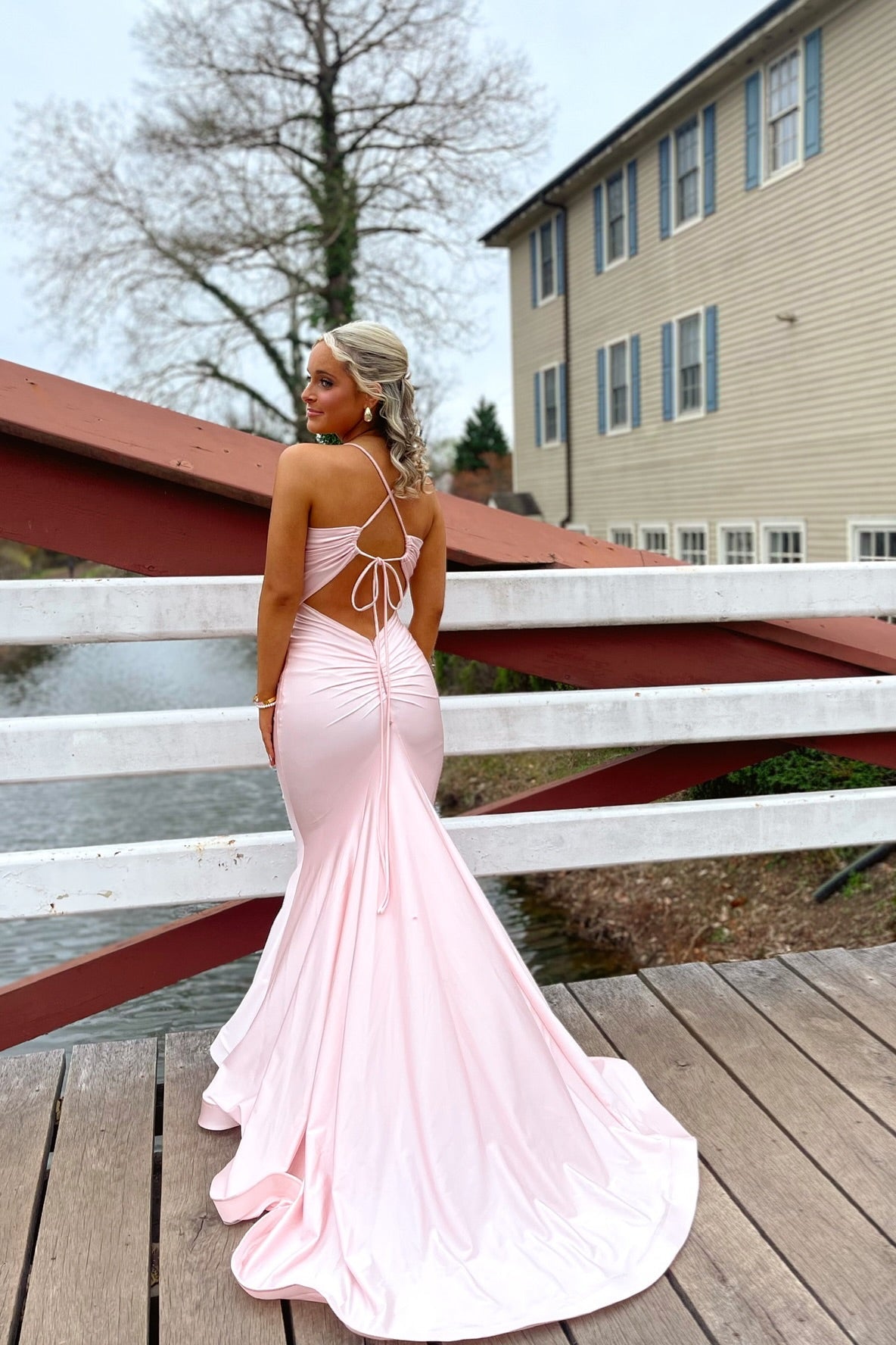 Straps Pink Back Tie Mermaid Long Dress