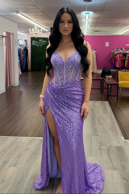Sparkling Straps Purple Sheer Sequin Long Dress with Slit