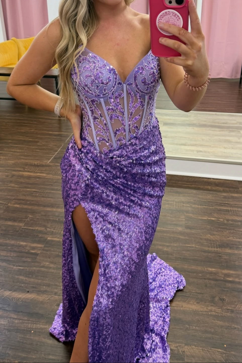 Sparkling Straps Purple Sheer Sequin Long Dress with Slit