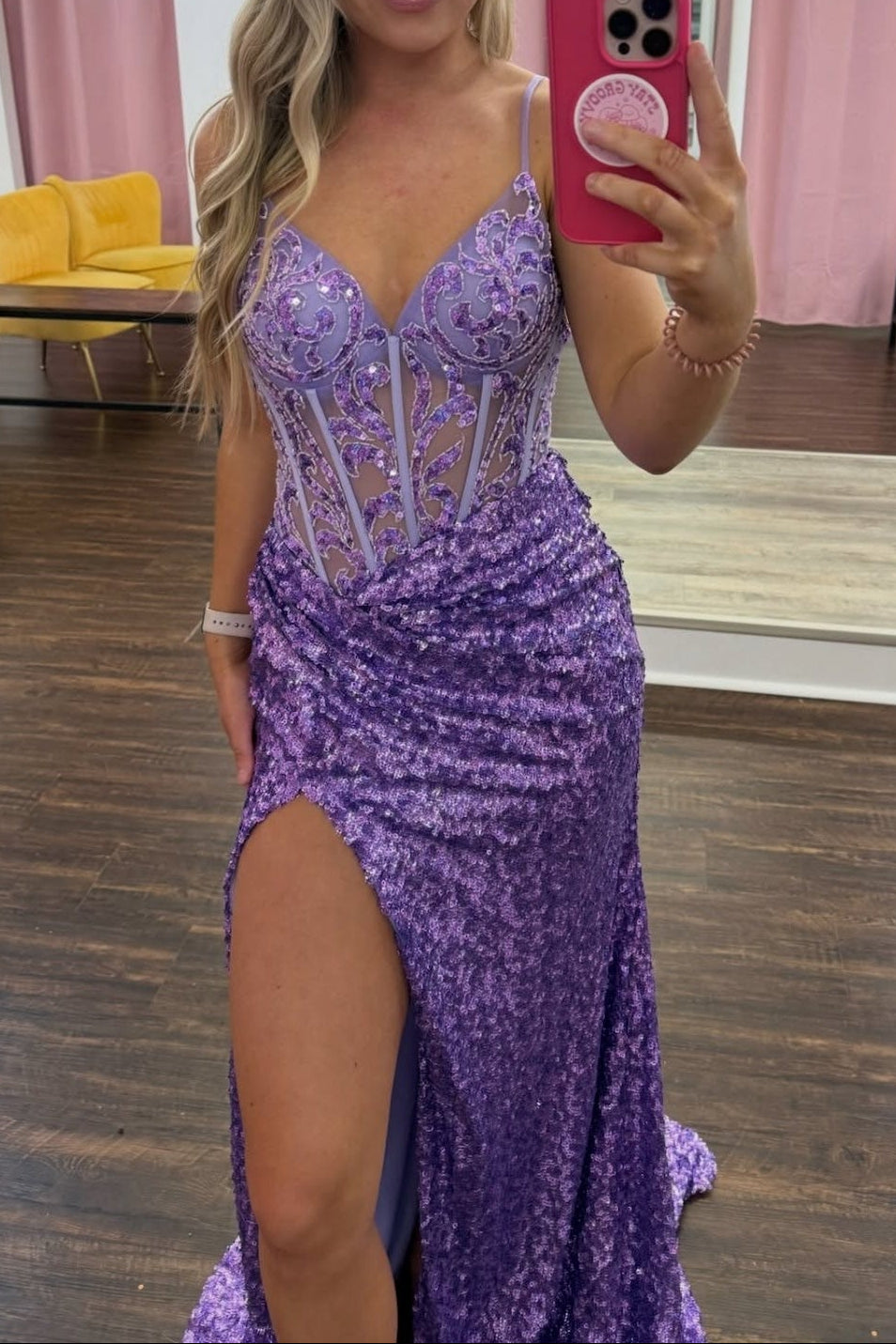 Sparkling Straps Purple Sheer Sequin Long Dress with Slit