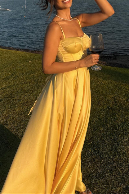 Spaghetti Straps Yellow A-line Satin Long Dress Lace-up