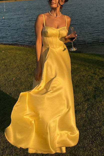 Spaghetti Straps Yellow A-line Satin Long Dress Lace-up