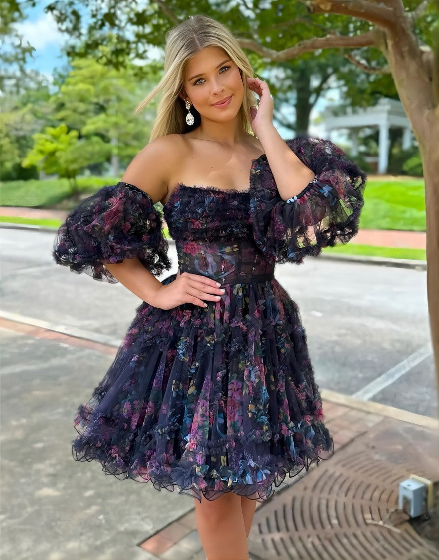 Stunning Navy A-Line Homecoming Dress With Detachable Sleeves