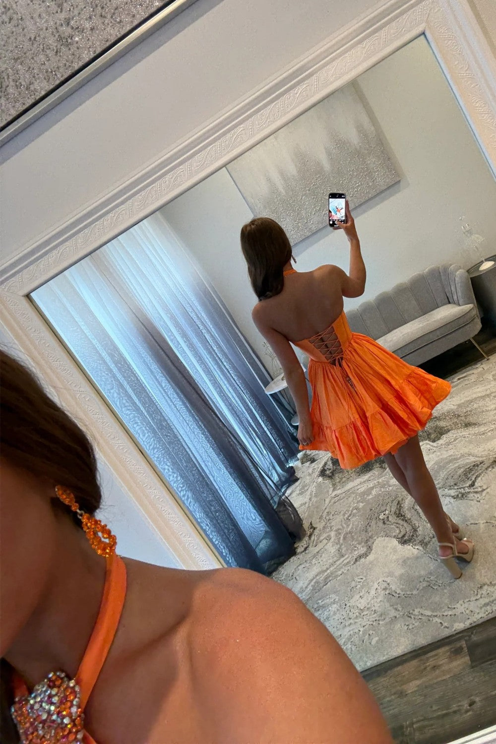 Fashionable A Line Halter Neck Orange Corset Homecoming Dress with Beading