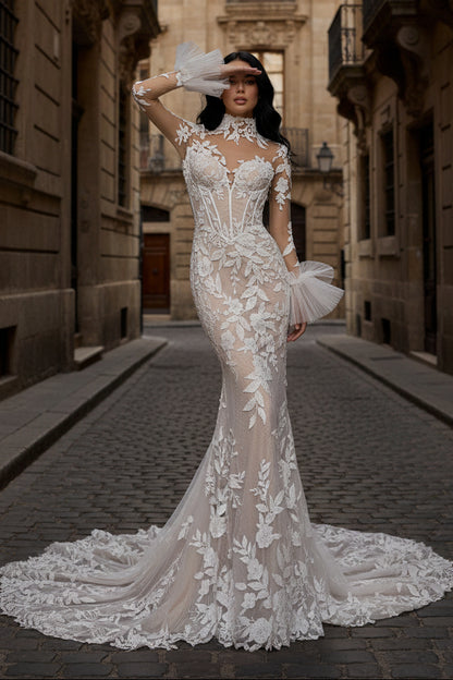Ethereal Bloom: 3D Lace High Neck Mermaid Gown