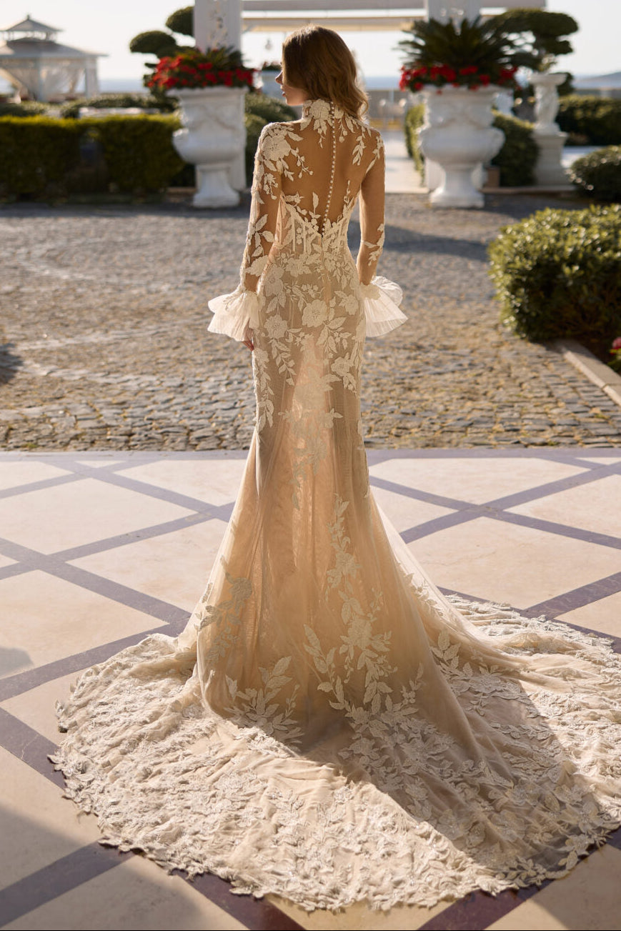 Ethereal Bloom: 3D Lace High Neck Mermaid Gown