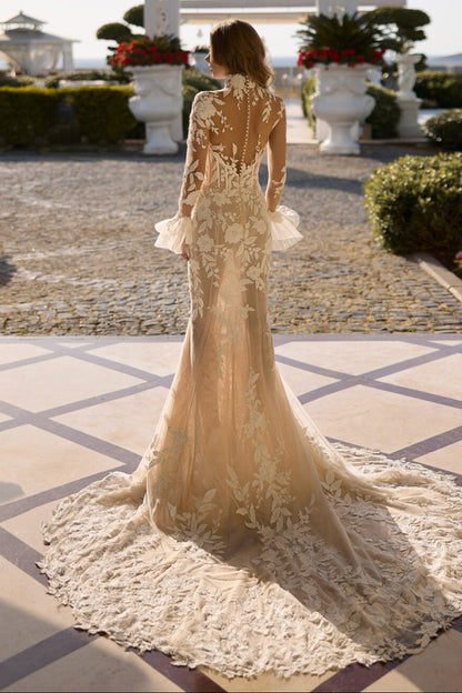 Ethereal Bloom: 3D Lace High Neck Mermaid Gown