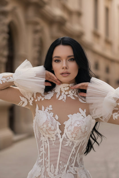 Ethereal Bloom: 3D Lace High Neck Mermaid Gown