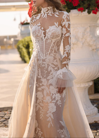 Ethereal Bloom: 3D Lace High Neck Mermaid Gown
