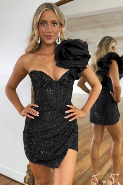 Stylish Black One Shoulder Bodycon Beaded Homecoming Dress With Flower