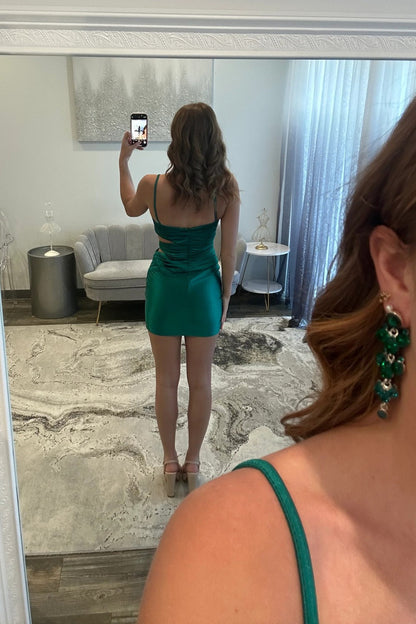 Stylish Sheath Spaghetti Straps Dark Green Short Homecoming Dress with Keyhole