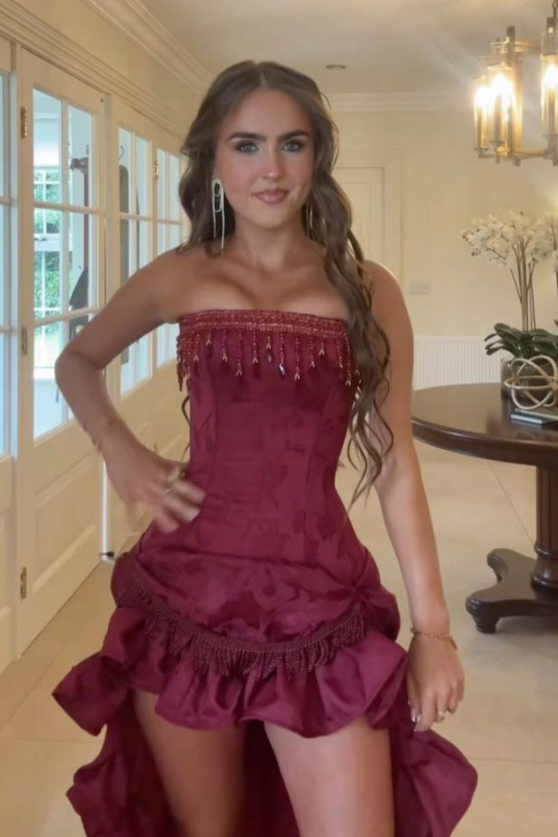 Stylish High Low Strapless Burgundy Long Prom Dress with Tassel Ruffles
