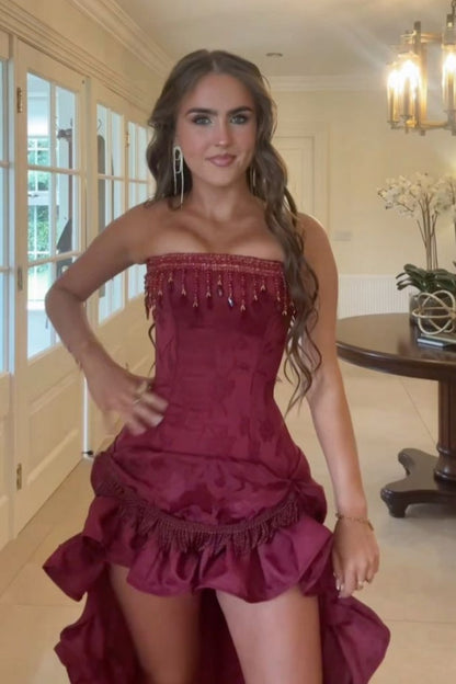 Stylish High Low Strapless Burgundy Long Prom Dress with Tassel Ruffles
