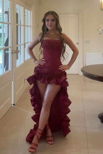 Stylish High Low Strapless Burgundy Long Prom Dress with Tassel Ruffles