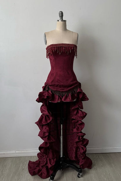 Stylish High Low Strapless Burgundy Long Prom Dress with Tassel Ruffles