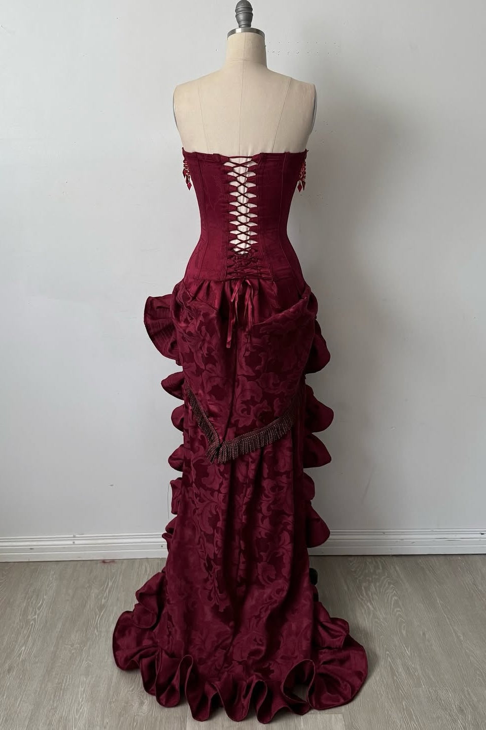 Stylish High Low Strapless Burgundy Long Prom Dress with Tassel Ruffles