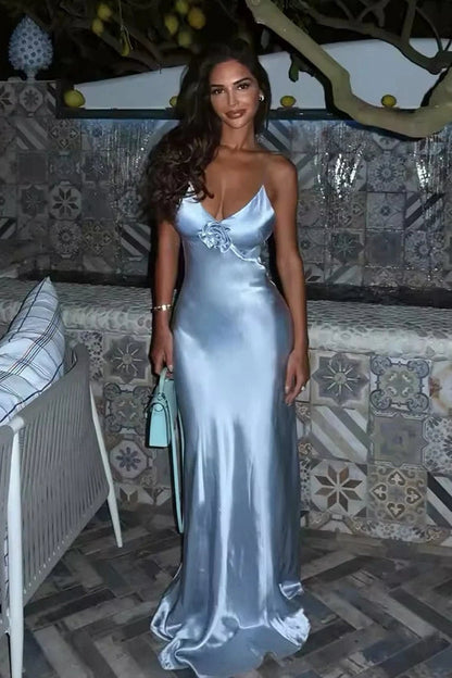 Chic Mermaid Spaghetti Straps Grey Blue Long Prom Dress with 3D Flowers