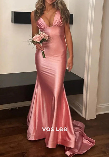 Couture & Ornate V Neck Regular Straps Pleated Mermaid Prom Dresses with Sweep Train