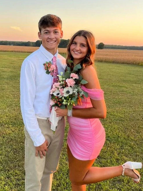 Stylish Sheath Off the Shoulder Pink Short Homecoming Dress with Ruched