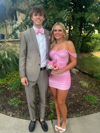 Stylish Sheath Off the Shoulder Pink Short Homecoming Dress with Ruched