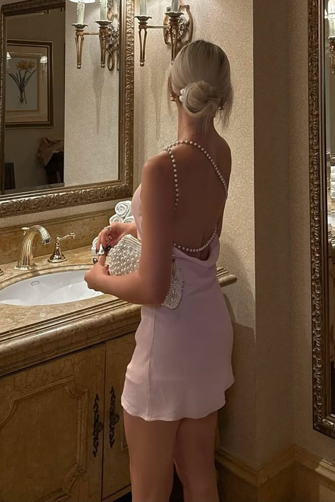Stylish Sheath One Shoulder Pink Short Homecoming Dress with Pearls